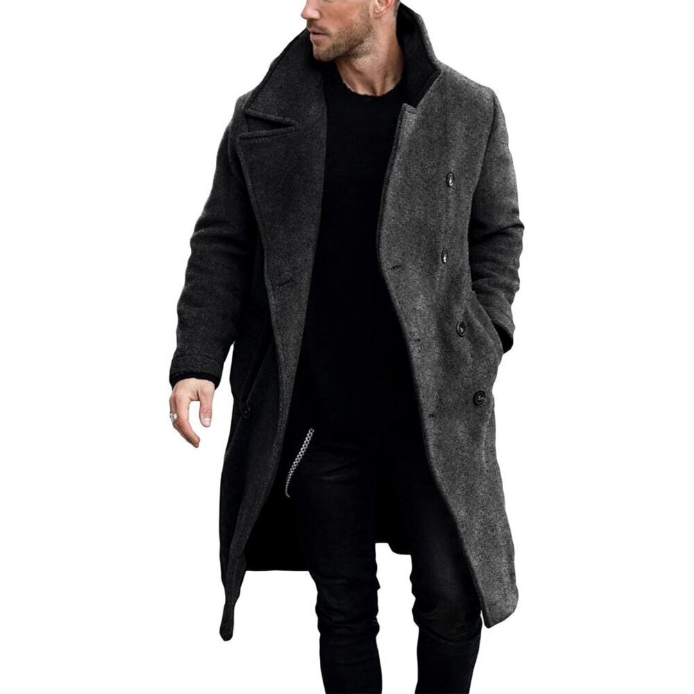 🆕Men's Grey Double-Breasted Trench Coat with Lapel Collar for Business & Winter